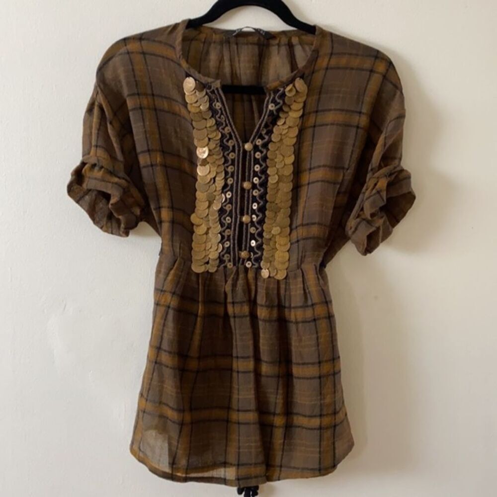 Zara Womens Wool Plaid Top with Coin Embellishments and Tie Back Small